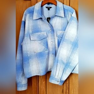 Blue Plaid Cropped Shirt Jacket  in size XL